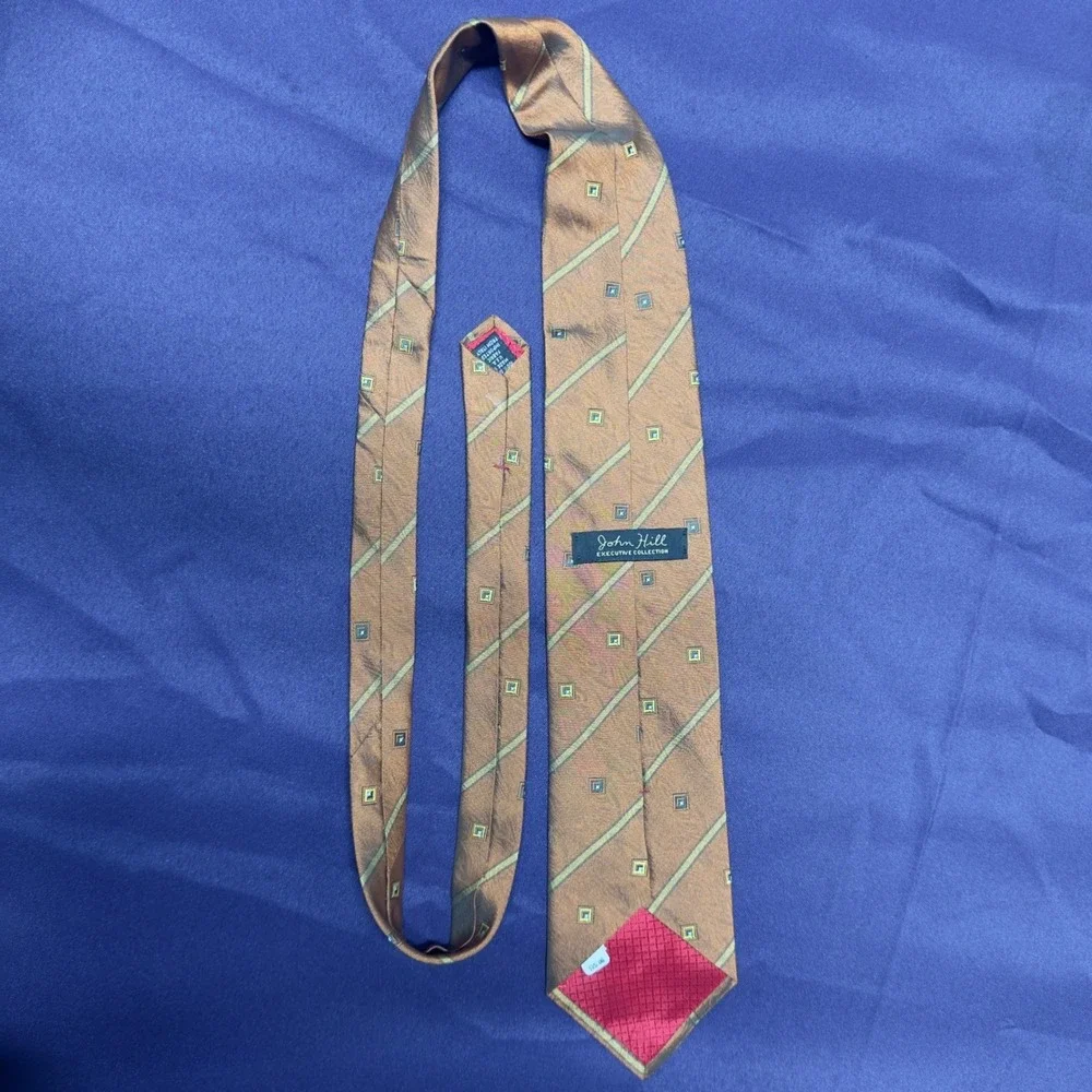John Hill Executive‎ Mens Silk Tie Brown Geometric Striped Pattern Business